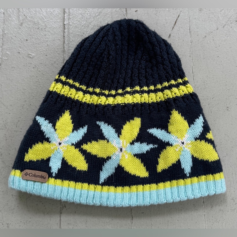 COLUMBIA Womens Winter Hat Beanie Ski Green/Yellow Dark/Light Blue White Flower